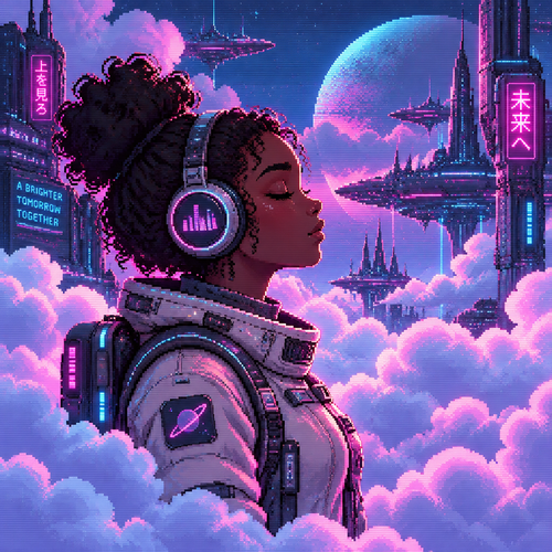 Profile of Young dark skin astronaut girl with headphones and eyes closed standing surrounded by a Lot of puffy clouds.