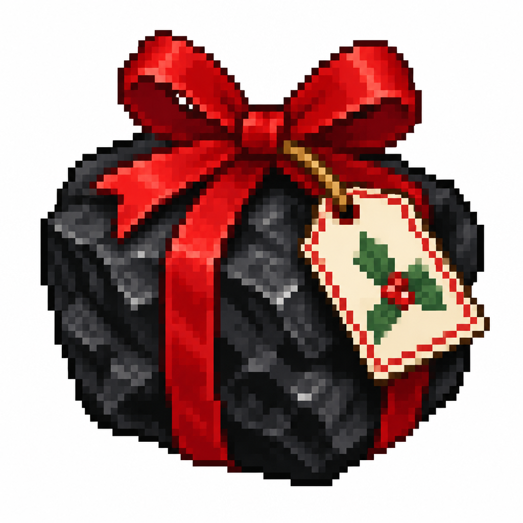 Close up of a chunk of coal wrapped for Christmas with a Christmas tag. White background