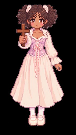 Pixel art person in a pink dress holding a cross-shaped object.
