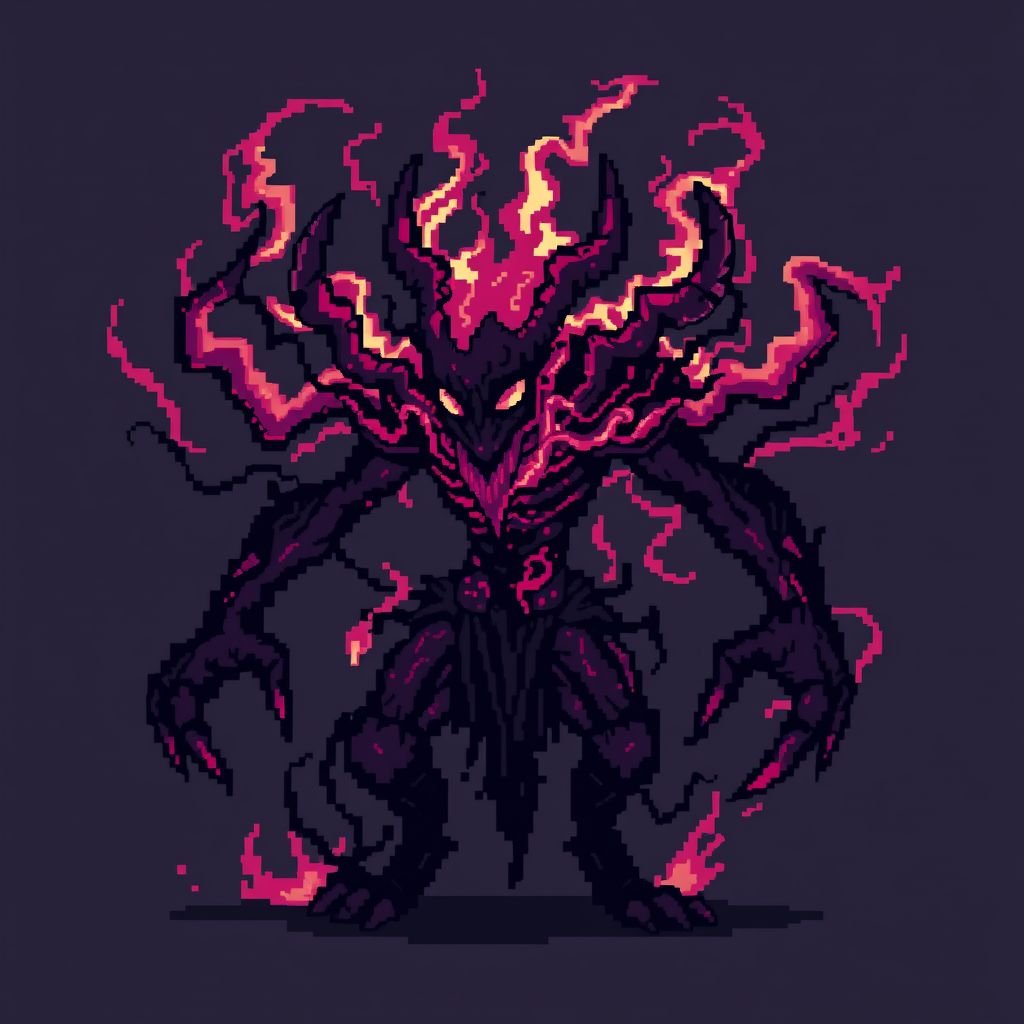 Eldritch demon entity known as "The Scourge", pixel art sprite, chaotic and shifting form, radiating corruption, scary abstract design, non-humanoid shape.