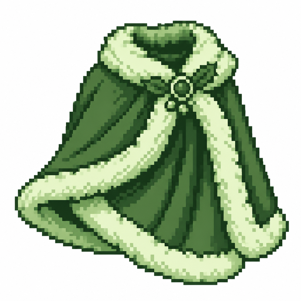 A fur-trimmed Christmas cape folded to reveal its clasp and fabric drape. White background