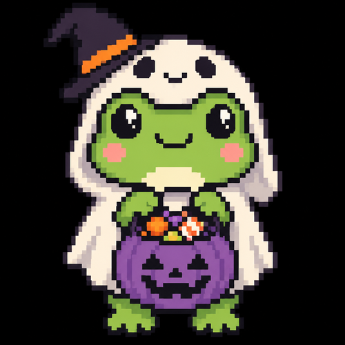 Cute kawaii frog in a costume holding a purple jack-o’-lantern with candy. Black background 