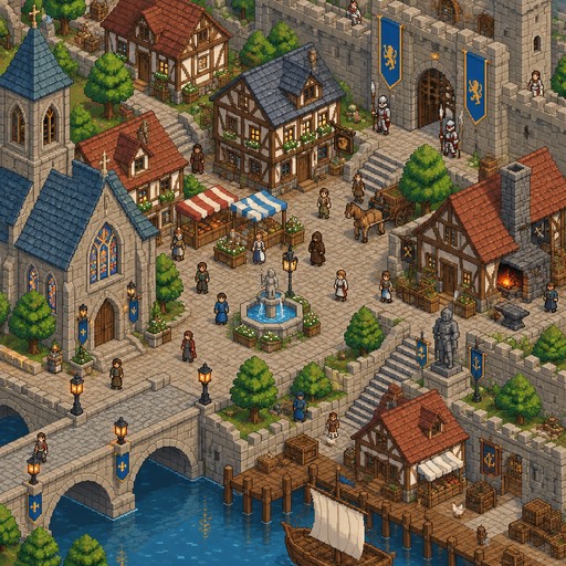 Medieval town with people walking around