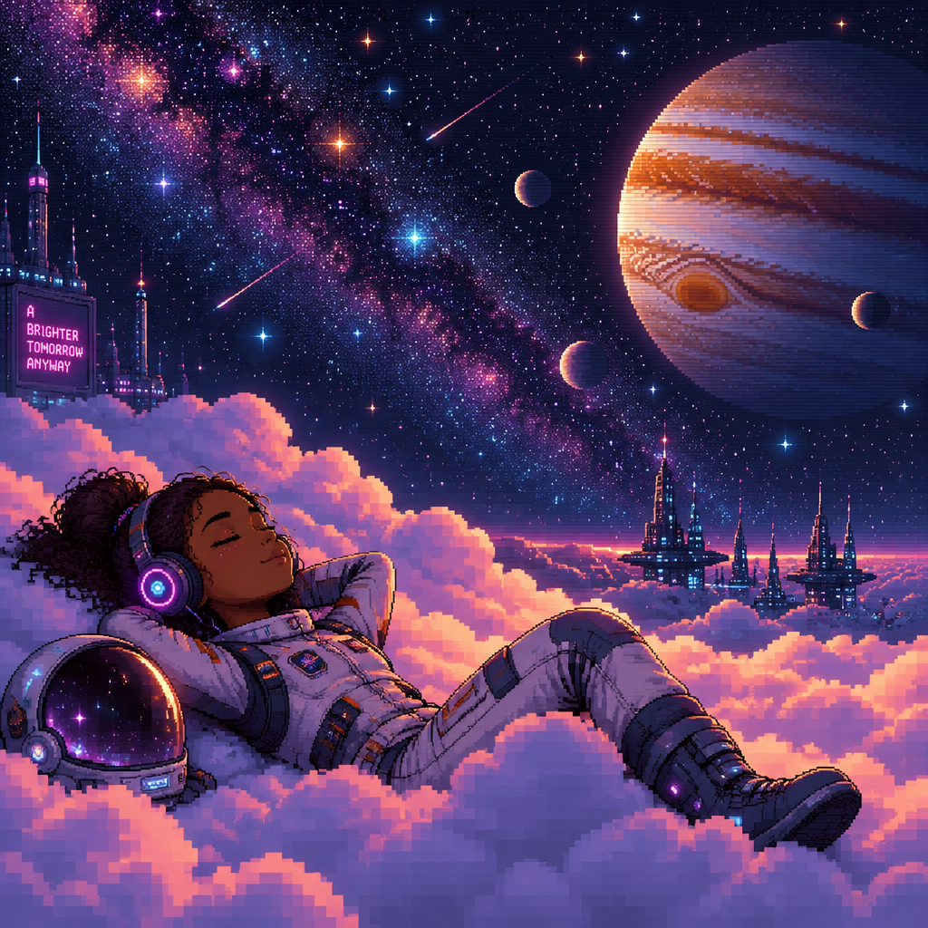 Seen from a distance a young teen girl astronaut with brown skin and headphones and helmet off lays down on fluffy clouds at night. Many stars and Jupiter are in background. Her eyes are closed