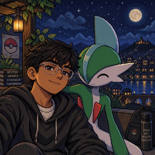 Make a 3:4 frame ratio pixel art of a 17 year old indian boy wearing transparent specs and he is smiling and besides him ' there is the pokemon gallade who is sliming while his eyes close . the bacjrgoudn should ve a night time
