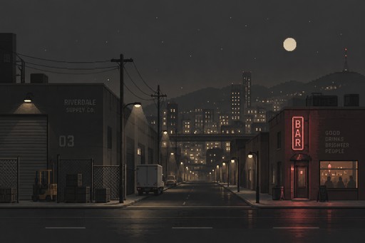 - use a warm grey color palette
- show a street scene, flat perspective
- night time
- show a city street with some rolling hills visible in the background
- some warehouses, and a bar with a neon sign