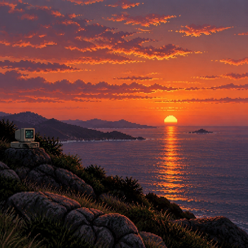 A realistic sunset with an old computer small in the background