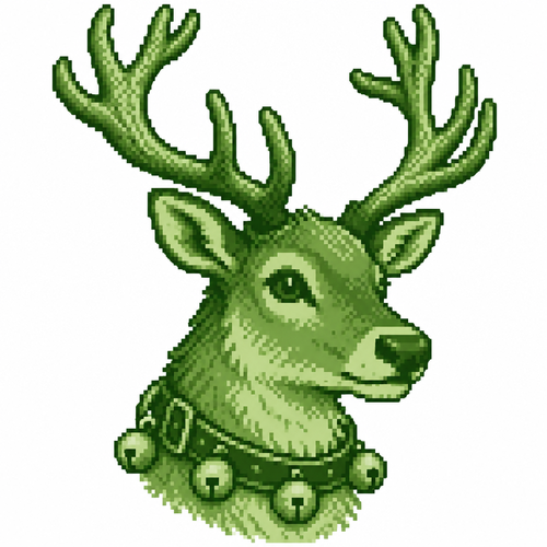 A reindeer head portrait with textured antlers and a festive leather collar. White background.