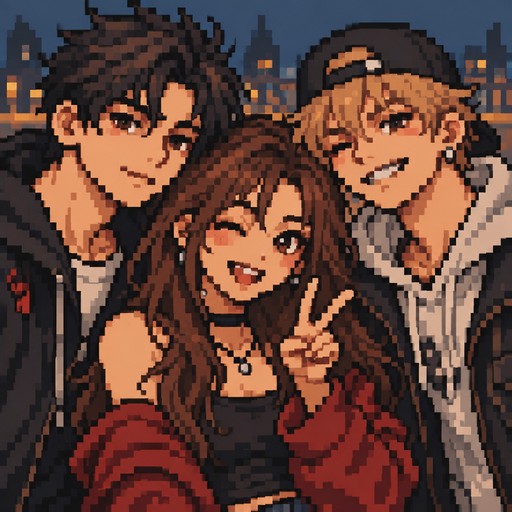 Pixel art of three people posing together, one flashing a peace sign, in warm colors.