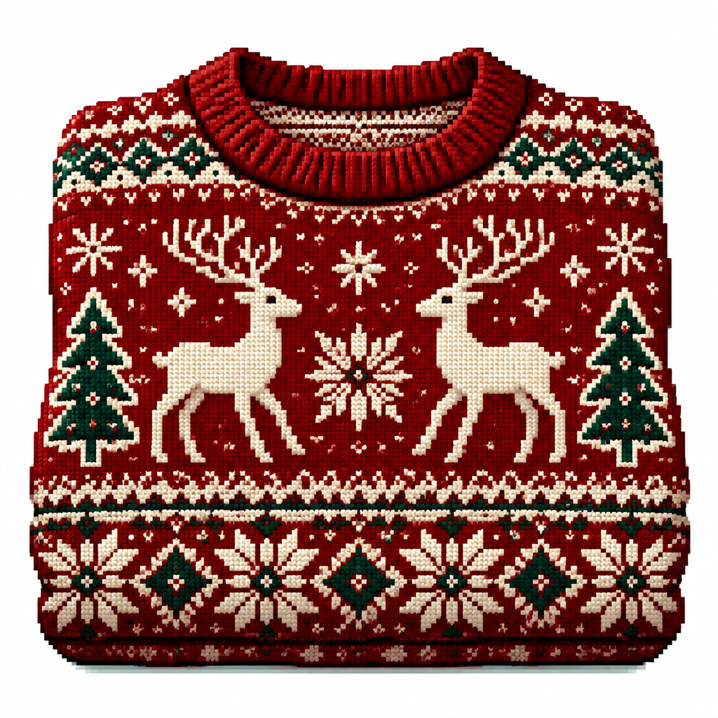 High contrast image on a white background of a folded Christmas sweater, displaying an intricate reindeer, knit pattern