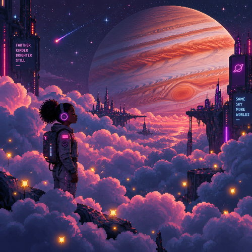 Profile of Young dark skin astronaut girl with headphones and eyes closed standing surrounded by a Lot of puffy clouds. Seen from a distance. Jupiter rises in the background. Fireflies are scattered in the scene 