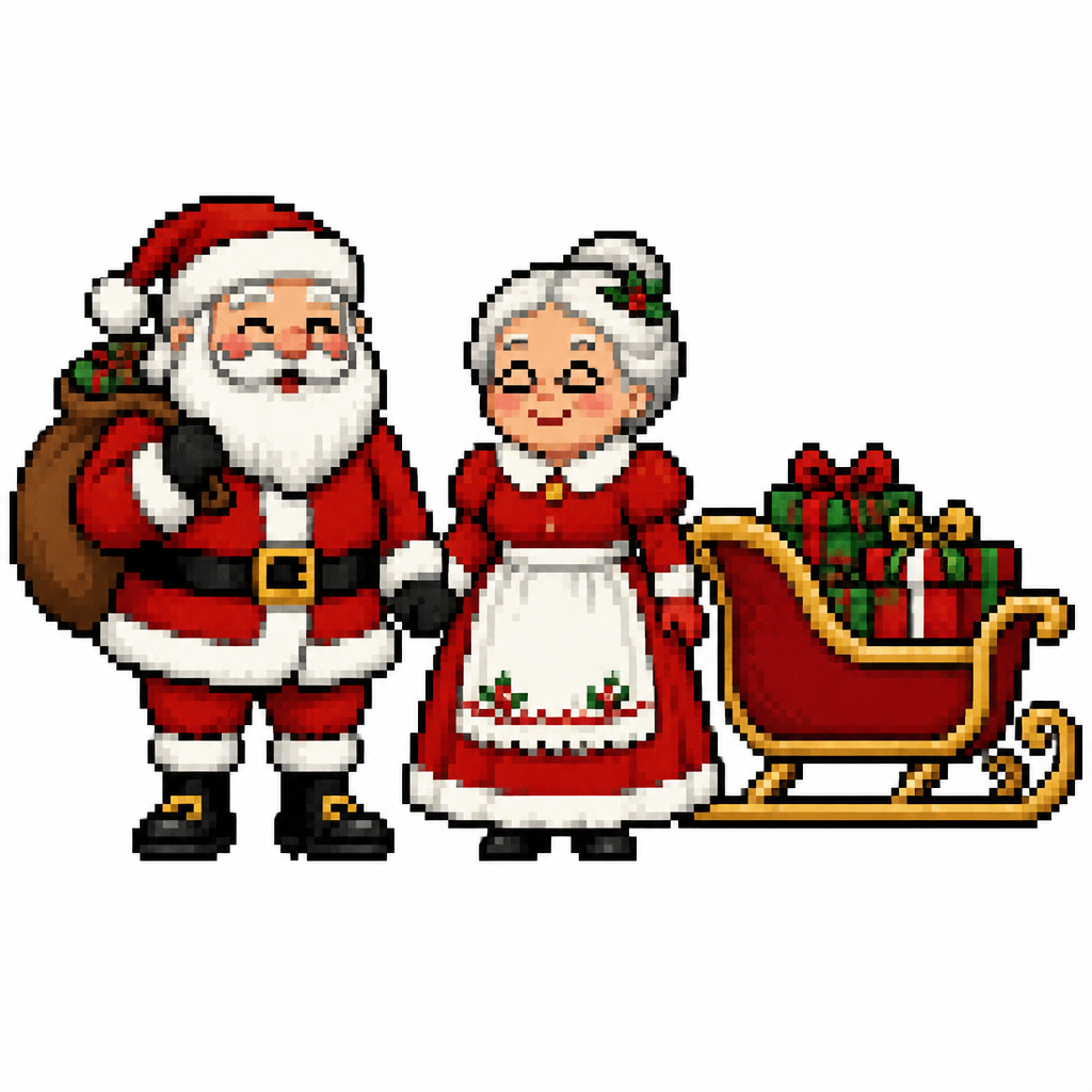 Mr and Mrs clause holding hands next to his sled. White background