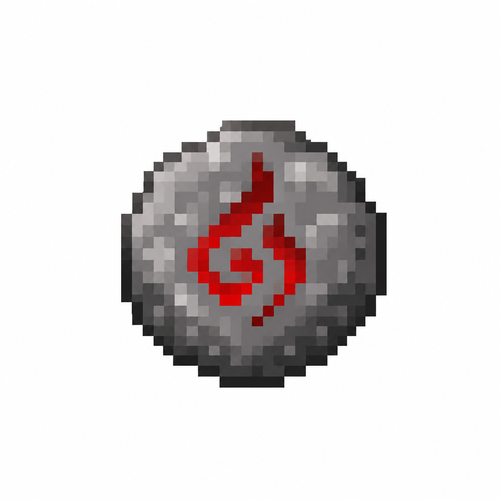 eine flache minecraft textur in 16x16 Pixeln eines runden steins mit einer einzigen roten rune darin die feuer symbolisieren soll