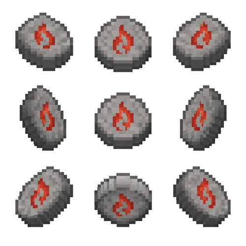  flache minecraft textur in 16x16 Pixeln des exakt gleichen runden steins mit einer einzigen roten rune darin die feuer symbolisieren soll