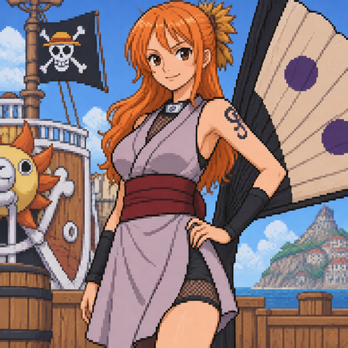Nami de one piece con la ropa temari de la serie de Naruto