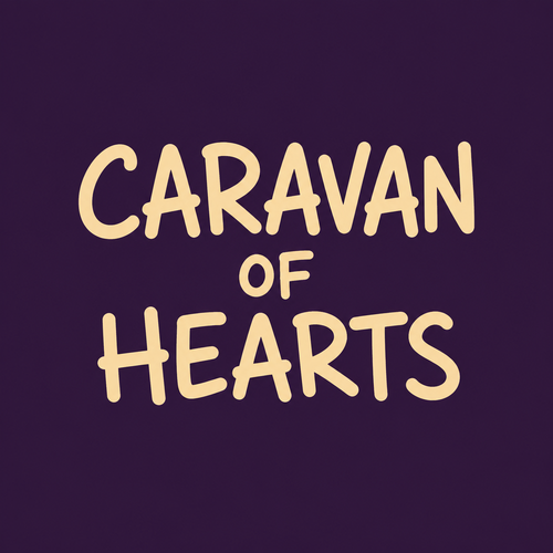 A minimalist flat logo design on a solid deep velvet purple background (hex approx #2E1A3D), matte with no gradient or texture. Centered text reads “CARAVAN” on the first line, “OF” on the second line, and “HEARTS” on the third line, stacked and center-aligned both vertically and horizontally. The lettering is hand-drawn, slightly imperfect, casual marker-style font — thick, rounded, playful strokes — in a warm sandy beige color (hex approx #E8D4B0). “CARAVAN” and “HEARTS” are the same larger size, while “OF” in the middle is noticeably smaller, matching the visual hierarchy of a logo like “MOOD / NOT / DEAD.” Even spacing between the three lines, balanced padding on all sides. No icons, borders, or decorative elements — just clean typography on a solid color field, simple flat vector logo aesthetic.
