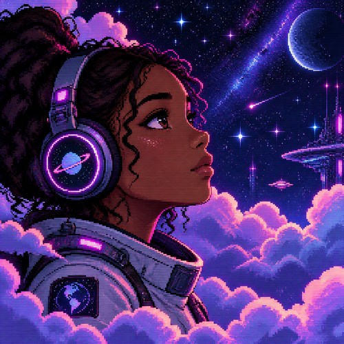 Close up profile of A young teen girl astronaut with brown skin and headphones and helmet off surrounded by fluffy clouds around her head at night. Many stars are in background 