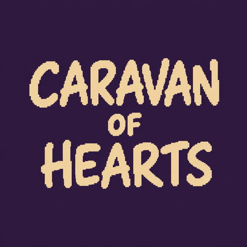 A minimalist flat logo design on a solid deep velvet purple background (hex approx #2E1A3D), matte with no gradient or texture. Centered text reads “CARAVAN” on the first line, “OF” on the second line, and “HEARTS” on the third line, stacked and center-aligned both vertically and horizontally. The lettering is hand-drawn, slightly imperfect, casual marker-style font — thick, rounded, playful strokes — in a warm sandy beige color (hex approx #E8D4B0). “CARAVAN” and “HEARTS” are the same larger size, while “OF” in the middle is noticeably smaller, matching the visual hierarchy of a logo like “MOOD / NOT / DEAD.” Even spacing between the three lines, balanced padding on all sides. No icons, borders, or decorative elements — just clean typography on a solid color field, simple flat vector logo aesthetic. 18-bit , hard pixel edges , retro game aesthetic 