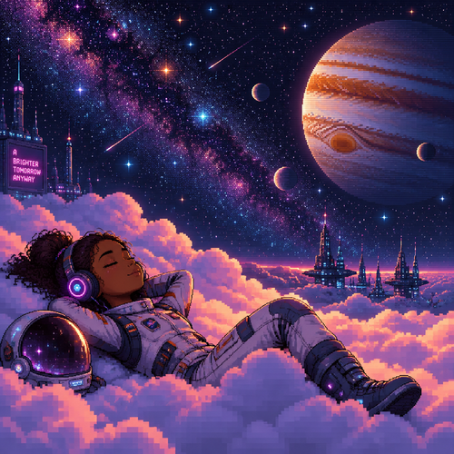 Seen from a distance a young teen girl astronaut with brown skin and headphones and helmet off lays down on fluffy clouds at night. Many stars and Jupiter are in background. Her eyes are closed