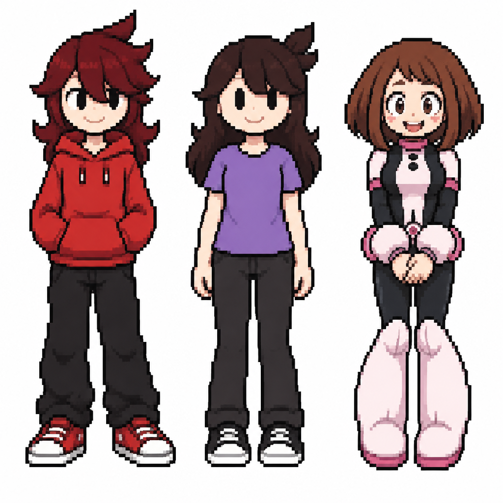 Jaiden animations but with the clothes and hair of the character original character red boy, full body front perspective and ochako uraraka