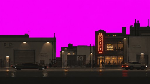 Pixel art city street with illuminated buildings and cars against a magenta sky.