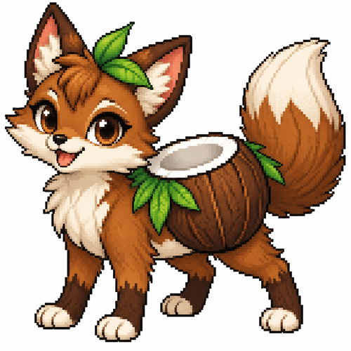 Cartoon coconut fox (quadruped), full body, white background