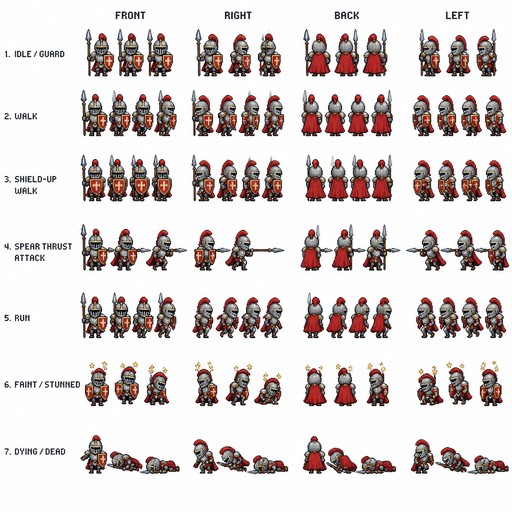 Pixel art sprite sheet, 2D top-down RPG character asset, a medieval knight warrior, 4-way directional views (front, back, left, right). Complete animation frames arranged in a neat grid grid on a solid isolated white background. Clean line art, 16-bit color palette. Including following states: 1. Idle/Guarding stand, 2. Walking, 3. Shield-up defensive walking, 4. Spear thrusting attack, 5. Running, 6. Fainting/Stunned, 7. Dying and dead on the ground. Consistent character design across all frames, game development asset, retro aesthetic, high quality.chibi