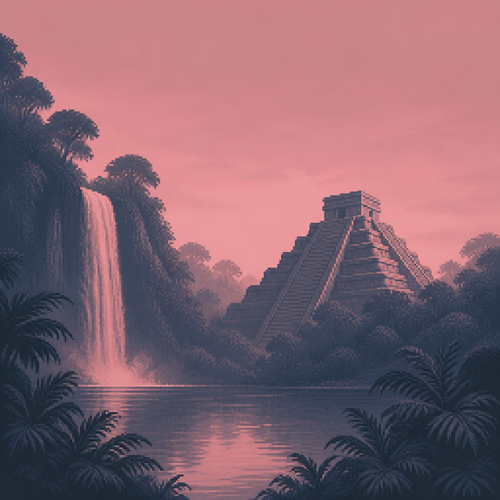 dark moody digital painting, dawn haze over a stepped Mesoamerican pyramid beside a tall
jungle waterfall, strictly limited color palette (2-3 tones maximum): dusty rose and slate
only, no other hues, a pool of still water at the base, dense ferns and canopy, empty of
people and animals, open negative space in the sky, no text