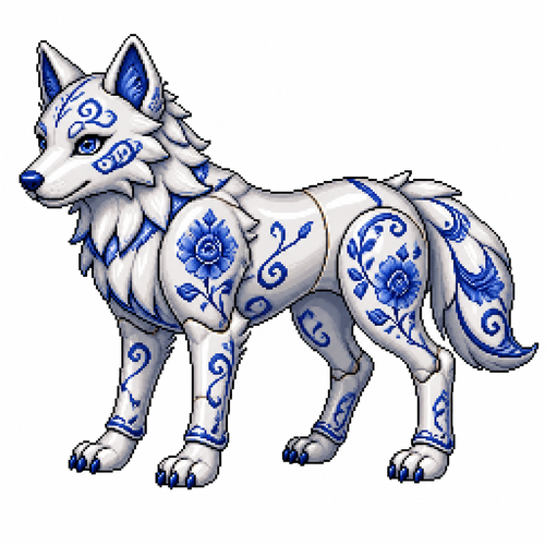 Cartoon porcelain wolf (quadruped), full body, white background