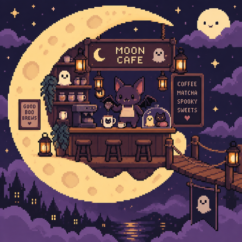 Cute kawaii haunted moon cafe with a bat barista 