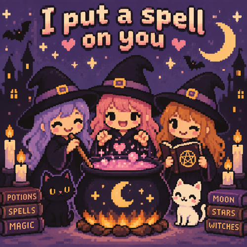 Cute kawaii imagery of three withches. With text I put a spell on you 