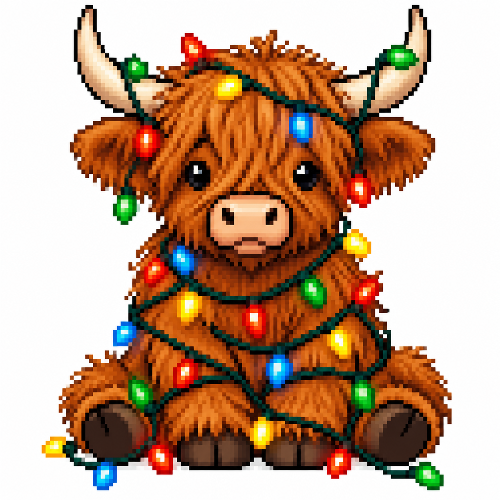 High contrast image on a white background of a cute highland cow sitting wrapped in colorful Christmas lights