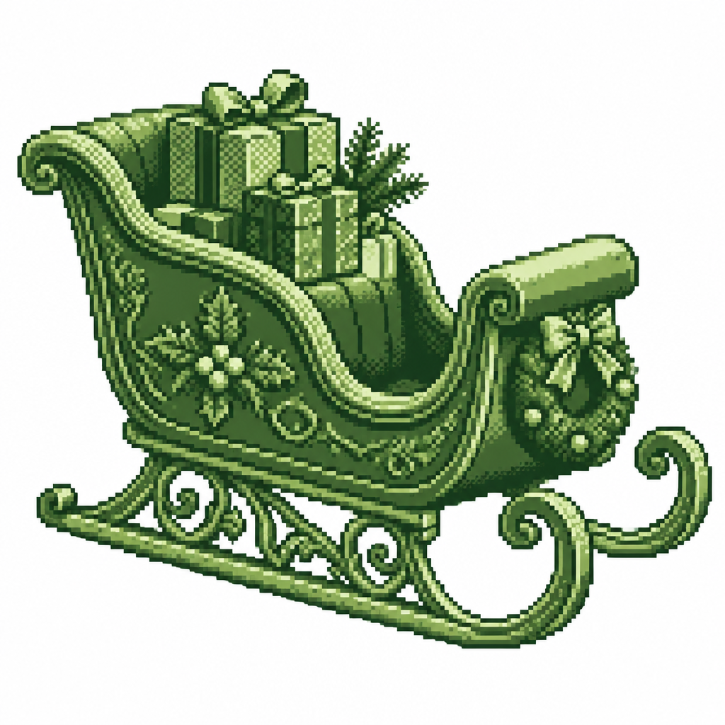 White background. Realistic sculpted Christmas sleigh centerpiece with engraved runners and an integrated gift bundle.