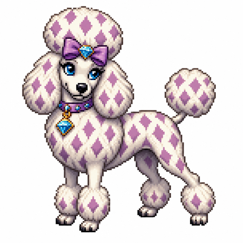 Cartoon poodle with diamond patterned fur, full body, white background