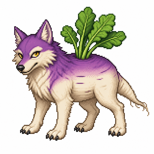 Cartoon turnip wolf (quadruped), full body, white background