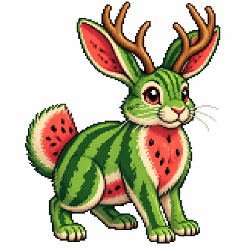Cartoon watermelon jackalope, full body, white background