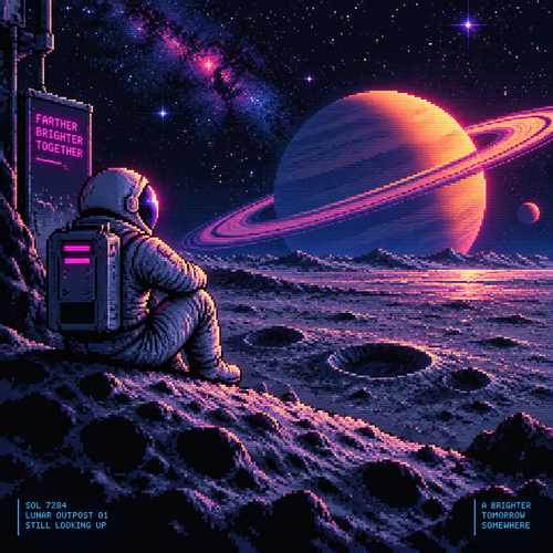 Astronaut sits on a moon with Saturn rising off in the distance