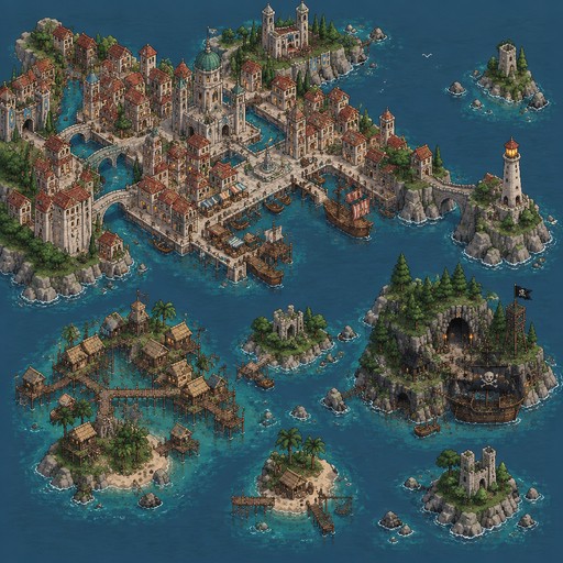 isometric pixel art of a archipelago region with a port town that has water for streets like venice, connected by lots of birdges, stone and brick architecture, a bay with a dock and the town built around it, and a peninsula with a lighthouse, then a small archipelago, 4-5 islands, on one is a fishing village that has its own little wood bridges interconnecting small huts, there's also a pirate ship hideout on one of the islands.