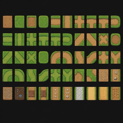 A 2d pixel art sprite sheet full of 50 assets evenly spaced in rows of 10 and columns of 5 evenly spaced 32x32 pixels. Clean crisp lines and sharp edges. Fully orthogonal view with dirt and grass with curved radius, straight, 90, 45, curved, dirt paths, grass paths, etc