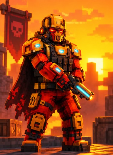 Pixel art armored person holding a glowing blue weapon in an orange cityscape.