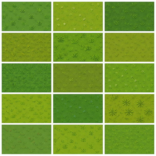 Seamless top-down floor texture of vibrant green town grass, pixel art, OSRS style, clean minimal shading, flat texture, repeating pattern --no grid lines, no perspective. 15 different styles and designs with different shades, all evenly spaced in rows of 3 with columns of 5