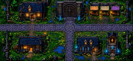 Pixel art village street with cottages, greenery, stone paths, and glowing windows.