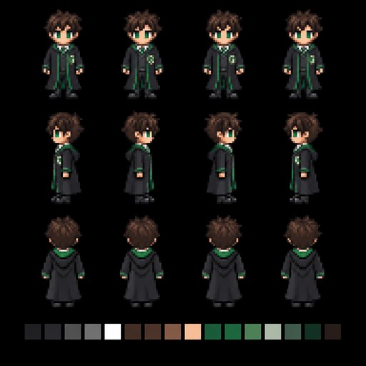 Make a base sprite for my game. I need a front back and side, I also need them in a slytherin student cloak from Harry Potter. No hood up.