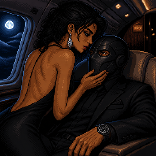 interior of a dark private jet cabin at night, close-up cinematic angle, tan-skinned Hispanic woman with curly dark hair leaning over a seated man, elegant backless black dress, large drop earrings, hand resting near his face, man wearing a sleek black tactical mask covering his whole head with only his brown eyes visible, dark suit, wristwatch visible, reclining in his seat, cool blue moonlight coming through the jet window on the left, warm amber cabin lighting on skin tones, dramatic high-contrast noir lighting, moody luxury atmosphere, tight cropped composition emphasizing the two figures, 16-bit pixel art, dithered shading, limited color palette, hard pixel edges, retro game aesthetic, cinematic framing