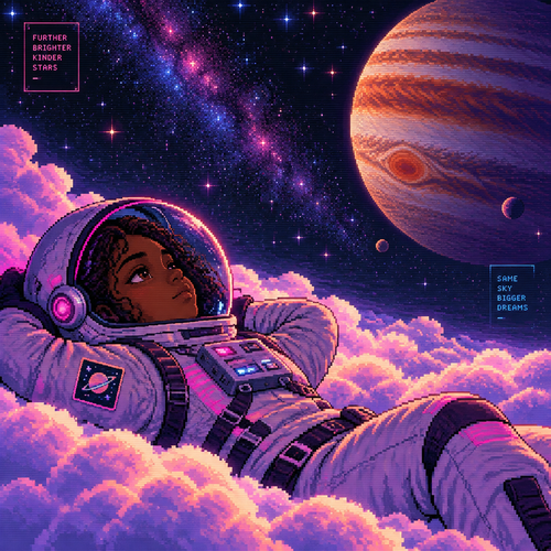 A young girl astronaut with dark skin lays on her back on top of fluffy clouds beneath the stars with jupiter in the distance 