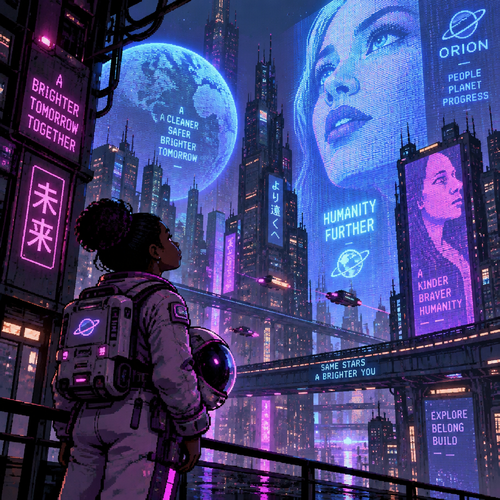 Young girl astronaut with dark skin is looking up at giant holograms in a futuristic city