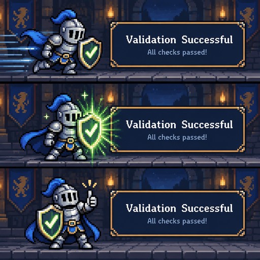 “Knight of Validation” Popup
Visual
Pixel knight holding a shield with a checkmark.
Shield glows when validation is present.

Animation
Knight slides in from the left

Shield flashes

Knight gives a thumbs‑up