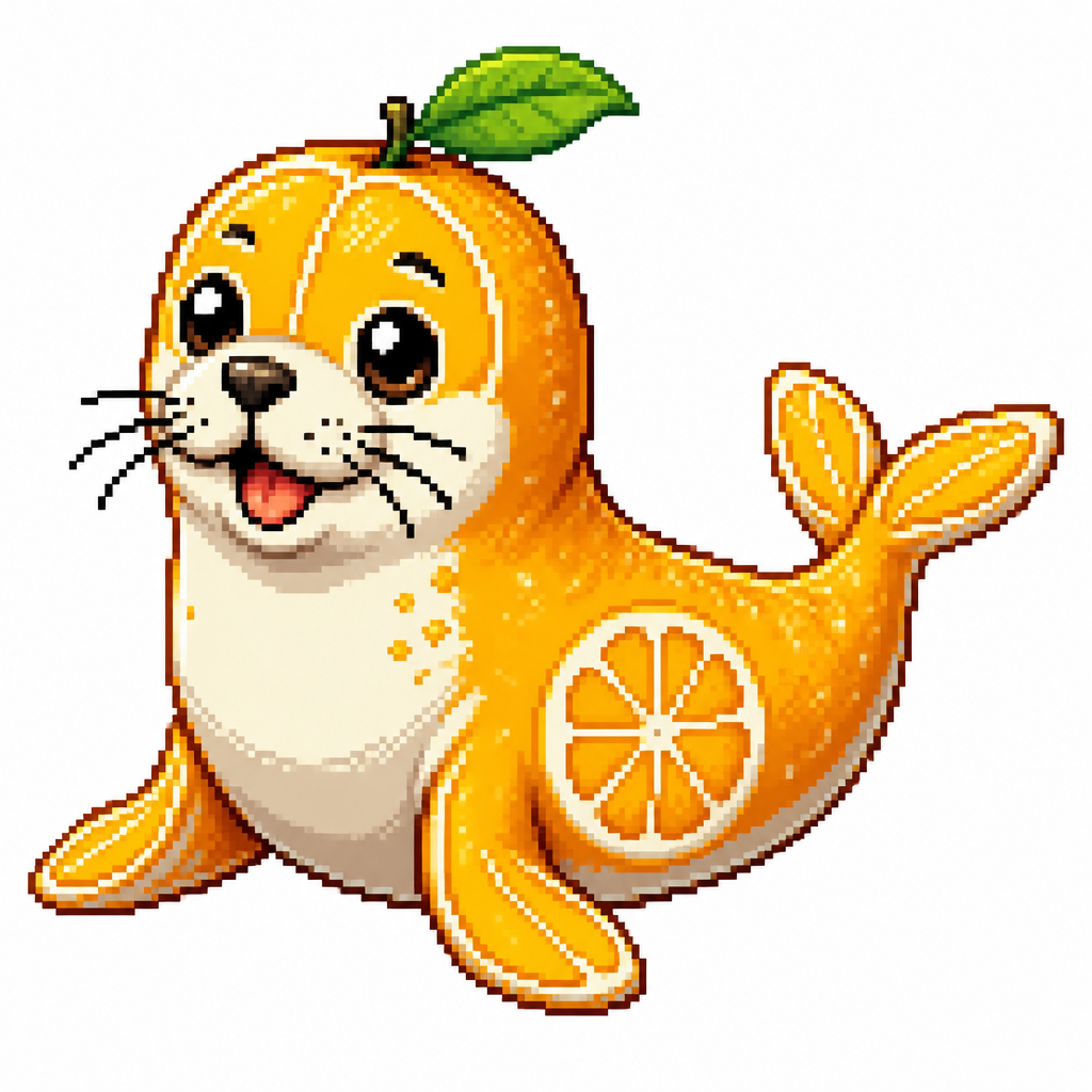 Cartoon citrus seal, full body, white background