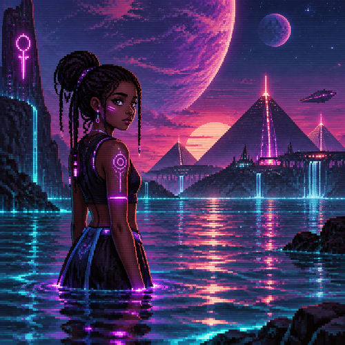 A young girl - with dark skin - stands in the water on an alien world. Pyramids in background

