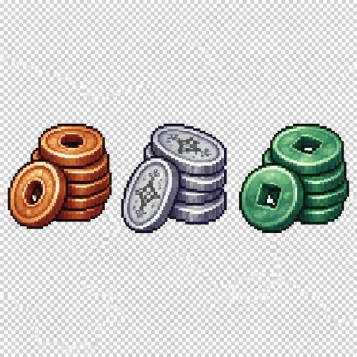 Create a 2D pixel art sprite sheet featuring 3 individual icons each exactly 32x32 pixels. Style: classic fantasy RPG, inspired by 16bit games, with crisp pixel art, clean outlines, subtle shading, and a cohesive color palette. Use a transparent background. Each Icon  should be centered within its 48x48 canvas and remain highly readable at small sizes. 

The 3 icons are: 

1: Plains region currency: copper coins, round copper coins with a round hole in the middle so they can be put on a rope.
2: Mountain region currency: silver coins, oval shaped silver coin with markings on it
3: Forest region currency: jade coins, round jade coins with a square hole in the middle

Requirements: 
• each icon is a stack of coins
•	each currency can have a different looking stack
•	Each icon must be exactly 32x32 pixels.
• All based off of real life variants.
	•	Output as a sprite sheet with each icon occupying its own 32x32 cell.
	•	Transparent background.
	•	No text, labels, borders, or UI elements.
	•	Consistent Fantasy RPG Aesthetic across all icons.
	•	High contrast and excellent readability for use in a game interface.
	•	Clean polished pixel art with enough detail for low resolution sprites.
	•	Avoid anti-aliasing, blurring, or painterly effects; preserve a true pixel art appearance.